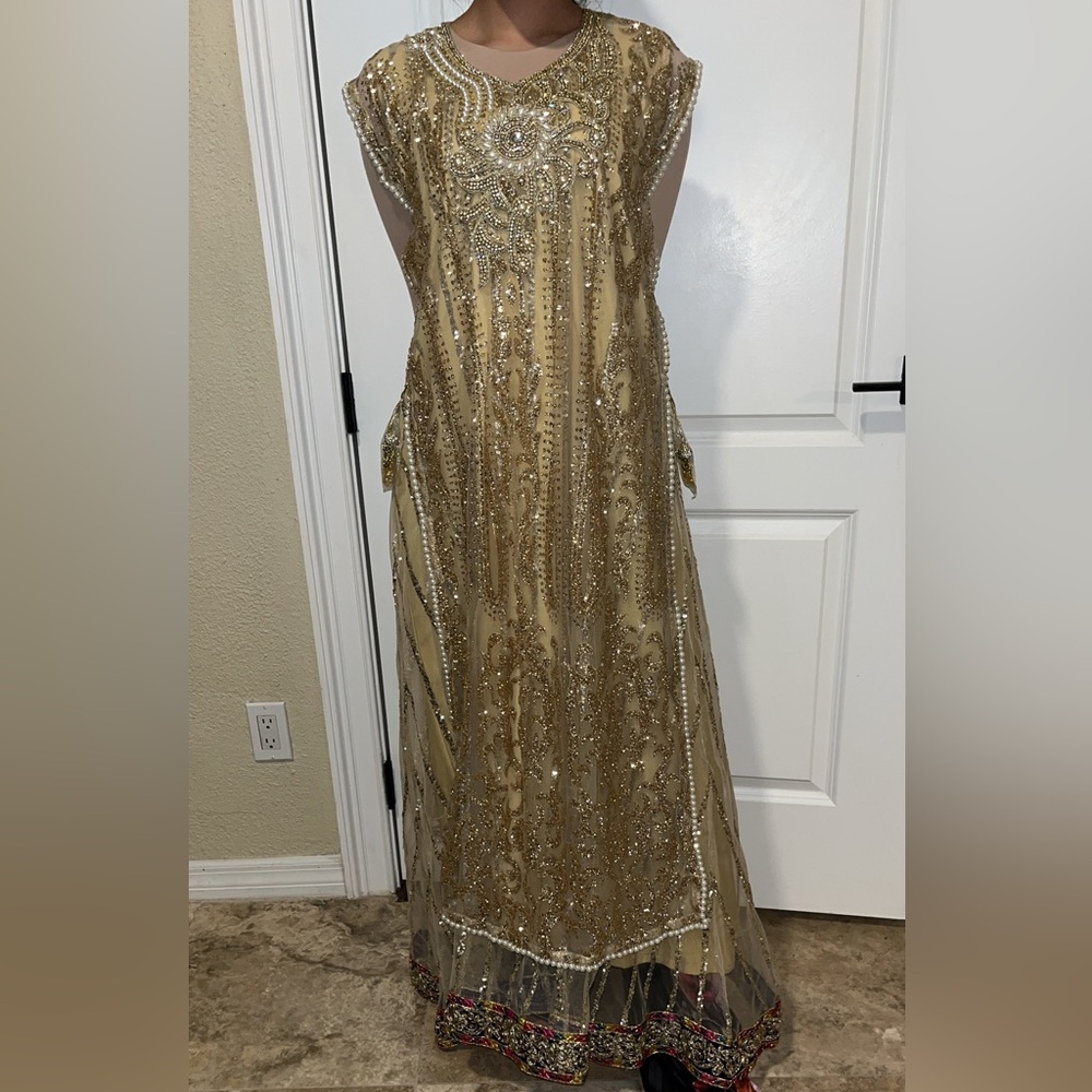 Elegant Gold bridal anarkali maxi gown sparkly shimmery Embellished Dress